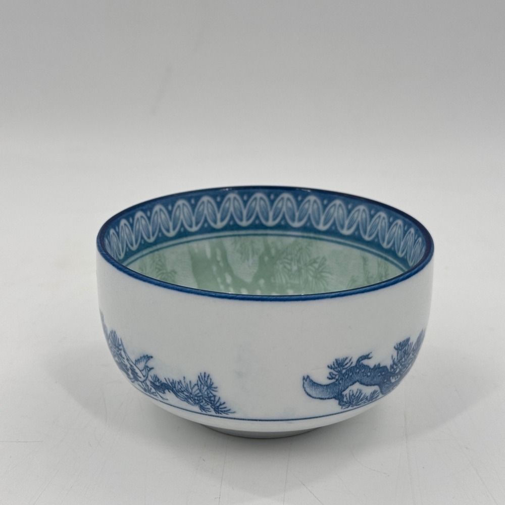 Vintage Korean Porcelain Rice Bowl Blue Green Crane Pine Tree Korea - Picture 2 of 8